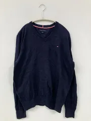 TOMMY HILFIGER ニット/セーター M ネイビー コットン 無地 ワンポイント ブランドロゴ ミドル丈 長袖 Vネック