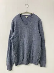 UNIQLO ニット/セーター L ブルー ウール・ニット 無地 ミドル丈 長袖 Vネック