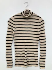 UNIQLO ニット/セーター M ベージュ ウール・ニット ボーダー柄 長袖 タートルネック/ハイネック