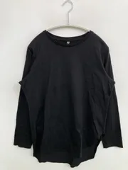 UNIQLO Tシャツ/カットソー M ブラック 無地 ミドル丈 長袖 クルーネック(丸首)