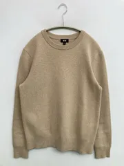 UNIQLO ニット/セーター S ベージュ コットン 無地 ミドル丈 長袖 クルーネック(丸首)