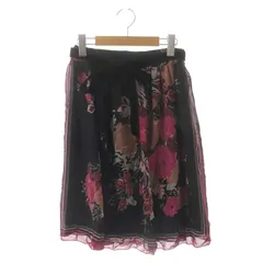 レストローズ L'EST ROSE 花柄フレアスカート ひざ丈 リボン シースルー 2 黒 ブラック 赤 レッド /AM ■OS