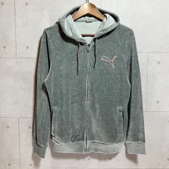 PUMA プーマ ベロア ジップパーカー Y2K フーディー ジップアップ トップス XL ロゴ 刺繍 ジャージ グレー レディース S9-2-13