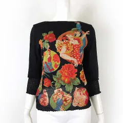 トクコプルミエヴォル TOKUKO 1er VOL ニット セーター カットソー 7分袖 5分袖 ドッキング 花柄 バラ 薔薇 刺繍 M 9 黒 ブラック 赤 ピンク 緑 美品