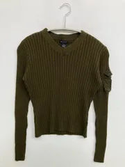 GUESS JEANS ニット/セーター S カーキ コットン 無地 ミドル丈 長袖 Vネック
