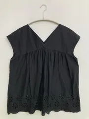 UNIQLO シャツ/ブラウス L ブラック コットン レース 刺繍 ミドル丈 袖なし ノーカラー