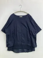 studio CLIP Tシャツ/カットソー L ネイビー 無地 レース ミドル丈 半袖 クルーネック(丸首)