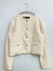 ZARA ノーカラージャケット S アイボリー ツイード 無地 ショート丈