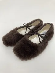 UNITED ARROWS バレエシューズ 24 ブラウン フェイクファー 無地 リボン スクエアトゥ