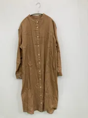 無印良品 シャツワンピース L ブラウン リネン・麻 無地 長袖 ロング・マキシ丈