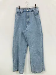 デニムパンツ L ブルー フルレングス 無地 ビジュー ワイド・ルーズ ハイウエスト ストレート ウエストゴム・紐 ヴィンテージ