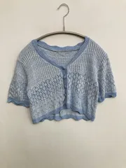 カーディガン/ボレロ スカイブルー ニット 無地 レース ショート丈 半袖