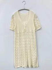 ワンピース L アイボリー ナイロン 無地 レース 半袖 ひざ丈 フレア