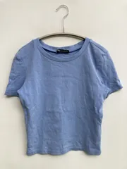 ZARA Tシャツ/カットソー USA S スカイブルー 無地 ショート丈 半袖 クルーネック(丸首)