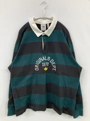 adidas ポロシャツ 2XL グリーン ボーダー柄 前面プリント ブランドロゴ 長袖