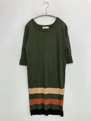 CECIL McBEE ワンピース M カーキ ニット ナイロン ボーダー柄 半端袖 ひざ丈 タイト