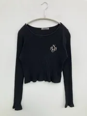 NICE CLAUP Tシャツ/カットソー F ブラック 無地 刺繍 ショート丈 長袖 クルーネック(丸首)