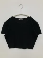 ZARA Tシャツ/カットソー USA M ブラック 無地 ショート丈 半袖 クルーネック(丸首)