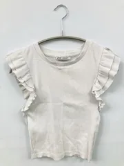 ZARA Tシャツ/カットソー S ホワイト 無地 フリル ショート丈 袖なし クルーネック(丸首)