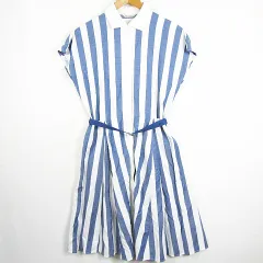 ビームスハート BEAMS HEART シャツ ワンピース 膝下丈 半袖 レーヨン ホワイト ブルー ストライプ kz11061