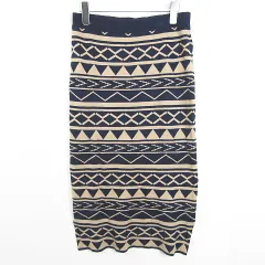 アズールバイマウジー AZUL by moussy ニット タイト ロング スカート レーヨン L ネイビー ベージュ 幾何学模様 kz11610