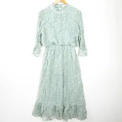 アースミュージック&エコロジー EARTH MUSIC & ECOLOGY ロング ワンピース 長袖 フリルネック レーヨン F ライトグリーン 花柄 kz10966