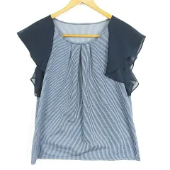 インディヴィ INDIVI ブラウス 半袖 フリルスリーブ コットン 38 ネイビー ストライプ kz13018