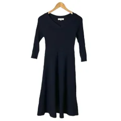 マイストラーダ Mystrada ウール混リブニットワンピース Vネック 長袖 ひざ丈 フレア ベルト付き 36 S 紺 ネイビー 37369743 ■FY レディース