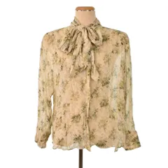 ザラ ZARA シアーシャツ ブラウス 長袖 ボウタイ 花柄 S ベージュ ■FY