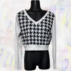 SHEIN　シーイン　カットソー　ホワイト×ブラック　レディース　クロップド丈　長袖　サイズ36　千鳥格子　Vネック　Sサイズ