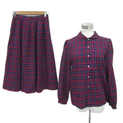 キース KEITH セットアップ 上下  シャツ ブラウス ラウンドカラー 長袖 フレアスカート ミモレ丈 チェック柄 紺 ネイビー 赤 レッド /YS51 ■GY58