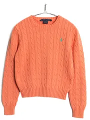90s ラルフローレン コットン ケーブル ニット セーター レディース M オールド  長袖ニット ワンポイント シンプル クルーネック オレンジ