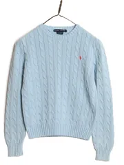90s ラルフローレン コットン ケーブル ニット セーター レディース S 古着 長袖ニット ワンポイント クルーネック シンプル ライトブルー