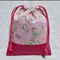 ハンドメイドうさぎ柄の給食袋、巾着袋、コップ入れ、ピンク