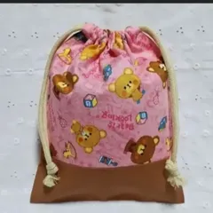 ハンドメイド、熊さん柄の給食袋、巾着袋、コップ入れ、ピンク、茶色