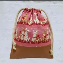 ハンドメイド、うさぎ、薔薇柄の給食袋、巾着袋、コップ入れ、ピンク、茶色