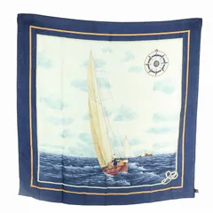 ラルフローレン RALPH LAUREN ヴィンテージ スカーフ 絹 シルク 大判 ヨット 総柄 ロゴ 紺 ネイビー /XZ ■GY19