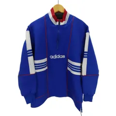 アディダス adidas 90S デサント製 ロゴ刺繍 3ストライプ ハーフジップ プルオーバー カットソー 裾ドローコード メンズ  M-L