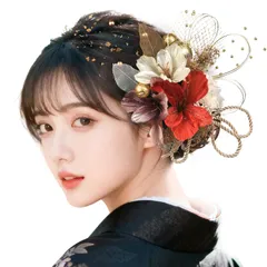 人気商品　髪 飾り 豪華 ヘアアクセサリー 造花 金箔 セット 水引 結婚式 浴衣 4色 袴 卒業式 振袖 (赤) 髪飾り 成人式 [OTAKUMARKET]