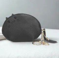 小銭入れ コインケース 本革 レディース メンズ キーケース ミニ財布 かわいい 動物 猫 (ブラック)