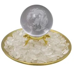 【新品】 ルナリ 龍 水晶玉 さざれ石 台座 トレー セット 風水 開運祈願 厄除け 商売繁盛 ドラゴン クリスタル 竜 置物 (ゴールド) 1