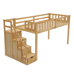全新品 【ナチュラル】ロフトベッド 木製 ベッド ロフト システムベッド 子供ベッド シングル ロフトベッドロータイプ ウッド 階段 収納 北欧風 子供部屋のサムネイル