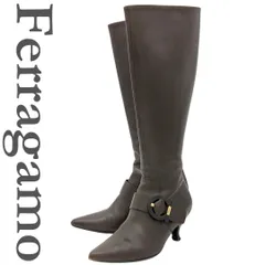 ■希少■ Ferragamo ガンチーニ ロングブーツ 本革 ウッドモチーフ ポインテッドトゥ ブラウン 1824Aのサムネイル