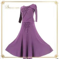 社交ダンス 衣装 スタンダード 上下セット ツーピース レッスンウェア パーティ衣装 レディース 紫 パープル系 ラインストーン シンプル 上品 ダンス用衣装 フェミニン デザイン 膝下丈 ストレッチ フィット感 高級感 コーディネート 取り入れやすい