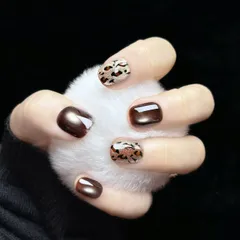 【新春SALE】OHMI GALLERY レオパードマグネットネイル ヒョウ柄 ベリーショートラウンド 100％ハンドメイド 男女兼用 NTVRMBW 艶豹