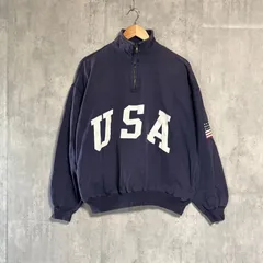 ポロラルフローレン ハーフジップ スウェット M 紺 USA 星条旗 刺繍ロゴ Polo by Ralph Lauren ネイビー 90s ヴィンテージ 古着 ストリート アメカジ ビッグシルエット オーバーサイズ ゆるだぼ 袖ロゴ 【送料無料・匿名配送】