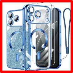 ★送料無料★iPhone17ProMax_ブルー tuulaasii For iPhone 17 Pro Max 用 ケース クリア MagSafe対応 ワイヤレス充電 マグネット搭載 2枚 HDフィルム付き キラキラ グリッターカード ストラップ付き アイフ