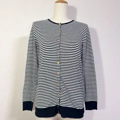 Deuxieme Classe ミューズ ドゥーズィエムクラス 2019年モデル FF grace クルーネックカーディガン コットン100% 金ボタン 白×黒 ボーダー モノトーン 36 S