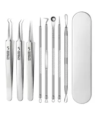 サムコス 精密ピンセット 角栓取り 先端は幅0.1mm 極細 角栓 毛抜き ニキビ取り 黒ずみ取り 毛穴ケア専用 精密な作業が可能 角栓取り 収納ケース付 (No.5、8本セット)