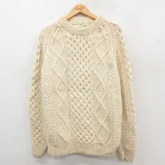 M/古着 長袖 アラン フィッシャーマン ケーブル セーター メンズ 80年代 80s 手編み ハンドニット ラグラン ウール クルーネック アイルランド製 生成り【spe】 25dec24